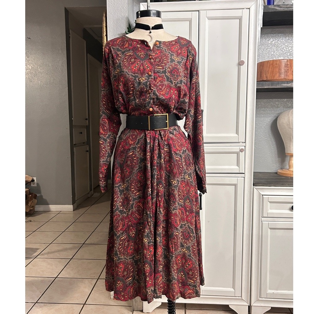 Vintage Paisley Button Front Midi Dress Long Sleeve Boho Retro Indie